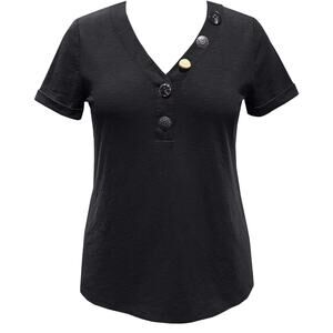 JM Collection Women's Petite Button-Front V-Neck Top Deep Black Size PXL